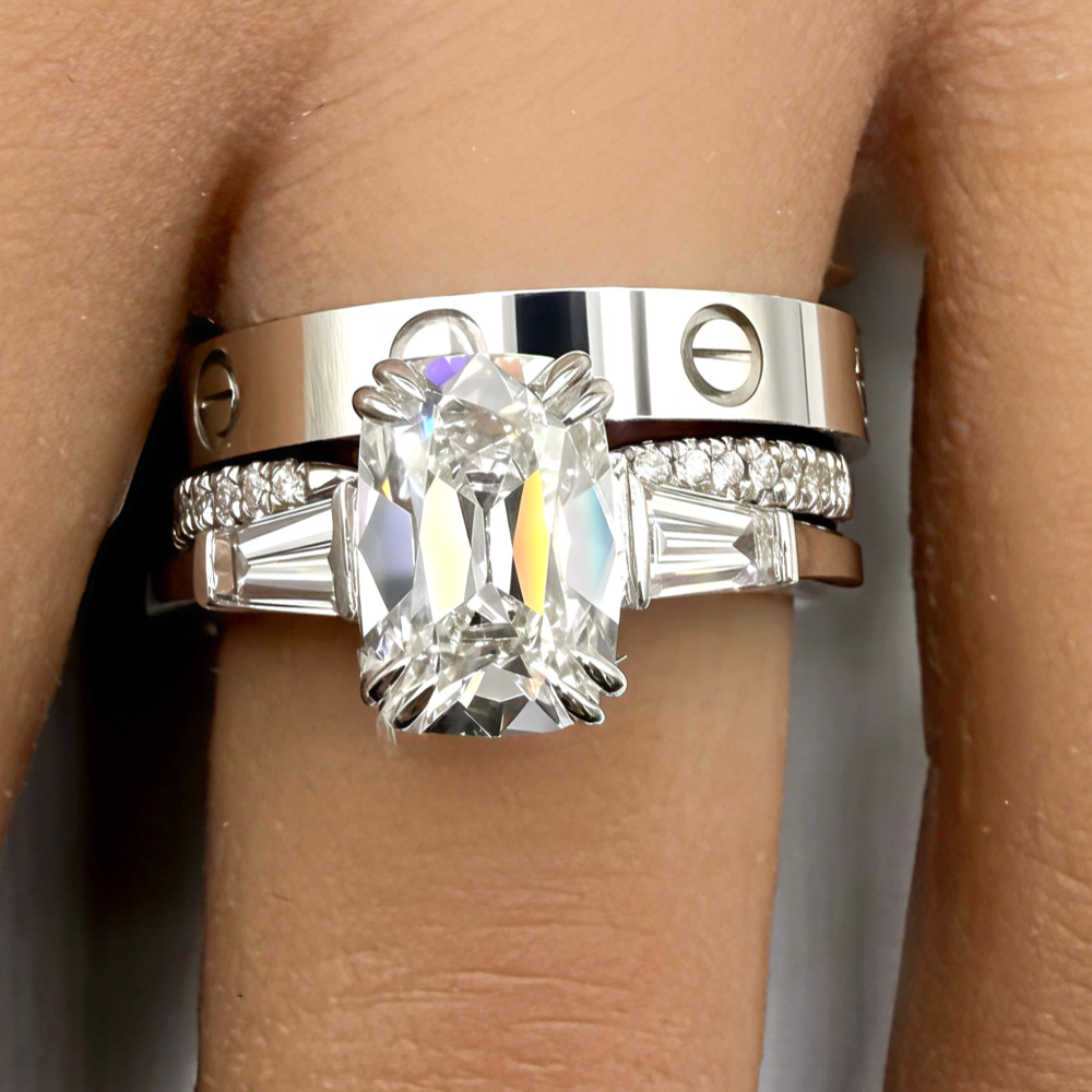 2.16ct Old Mine Cut Cushion with Tapered Baguettes in 14K White Gold