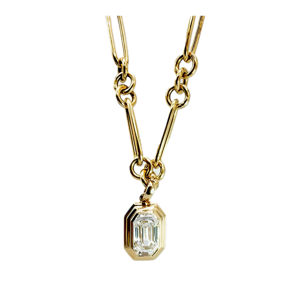 Elongated Emerald Cut Triple Bezel Pendant in Yellow Gold