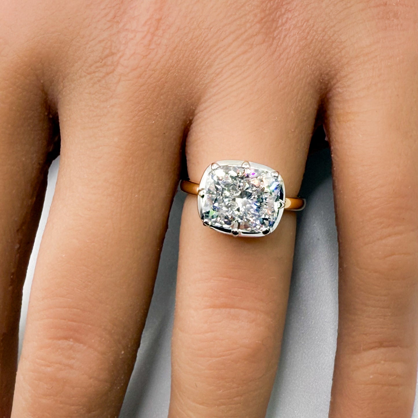 Custom Button Back Two Tone Cushion Solitaire in 14K Gold
