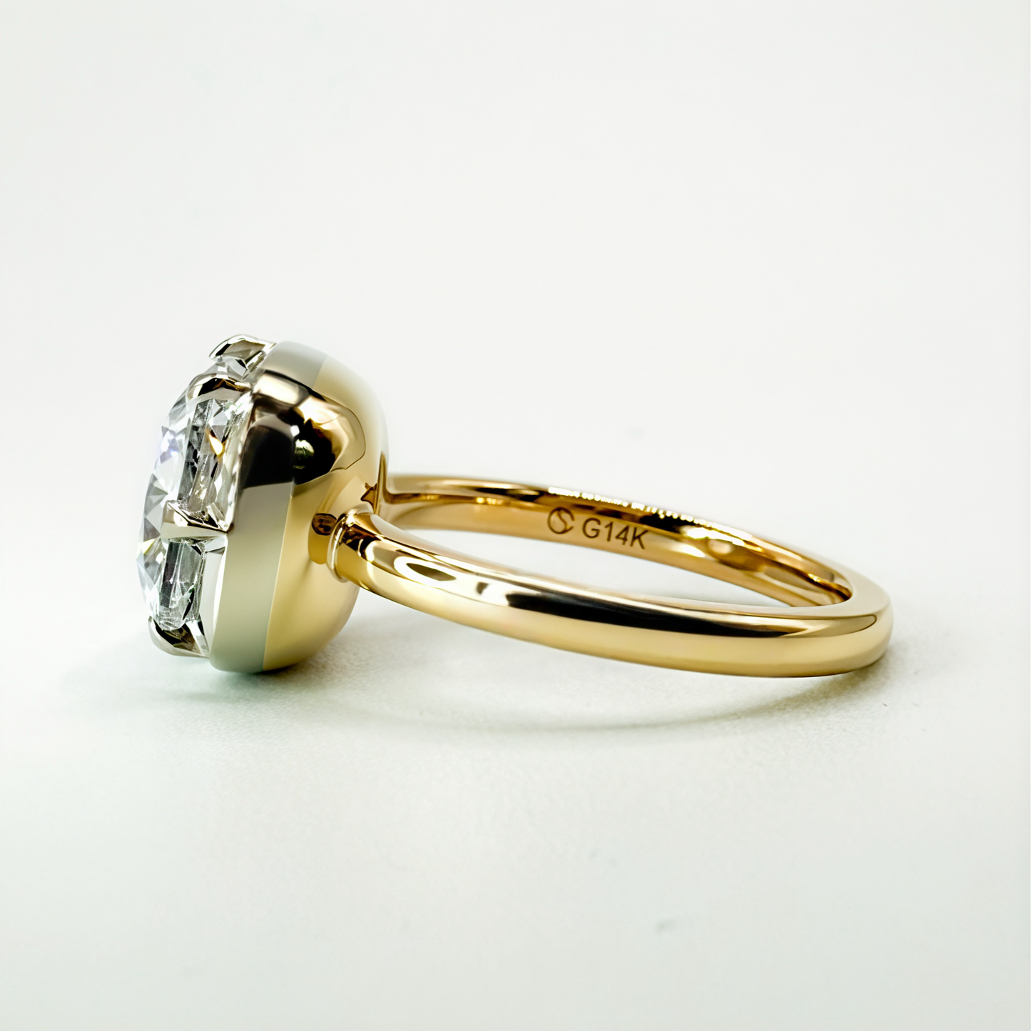 Custom Button Back Two Tone Cushion Solitaire in 14K Gold