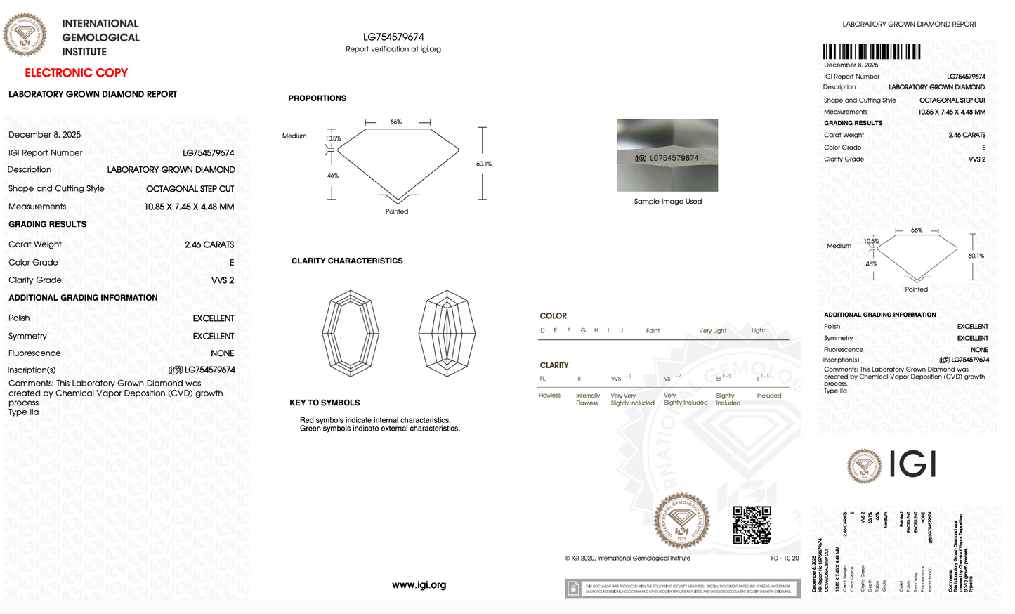 2.46ct E VVS2 IGI Certified Octagonal Step Cut Lab Diamond