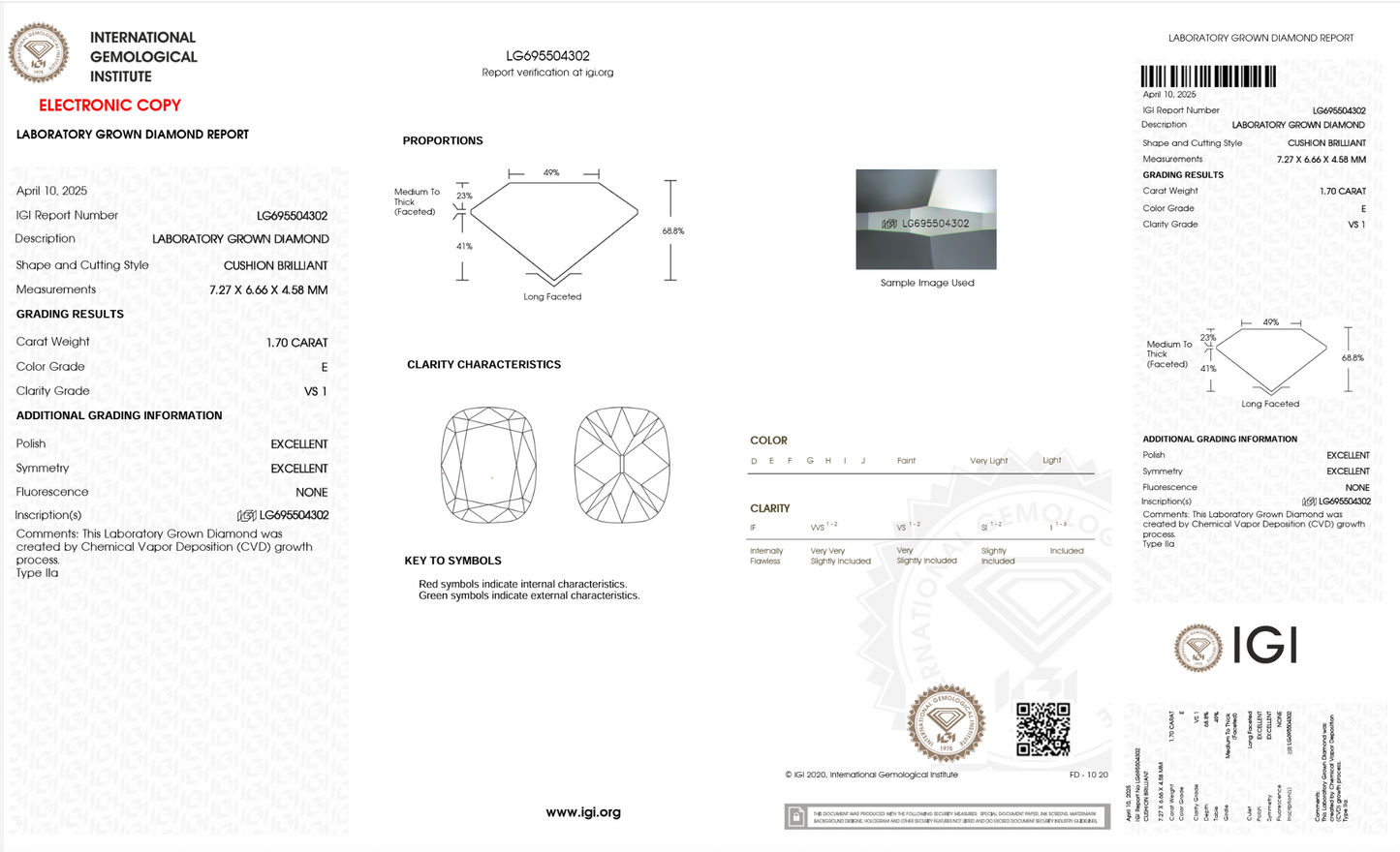 1.7ct E VS1 IGI Certified Old Mine Cut Cushion Lab Diamond