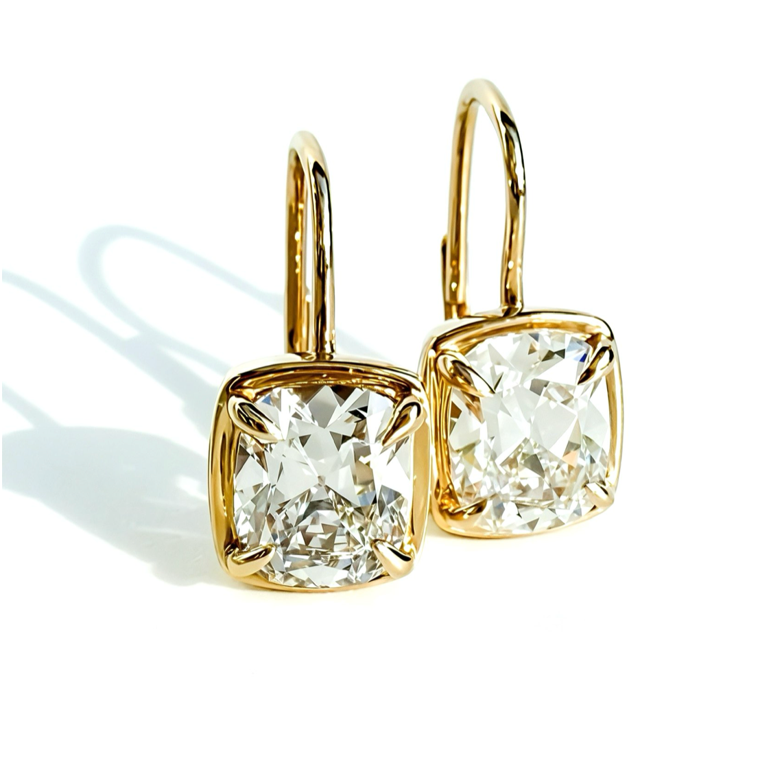 Heirloom Drops, 4ctw Antique Cut Cushion Earrings in 14K Yellow Gold