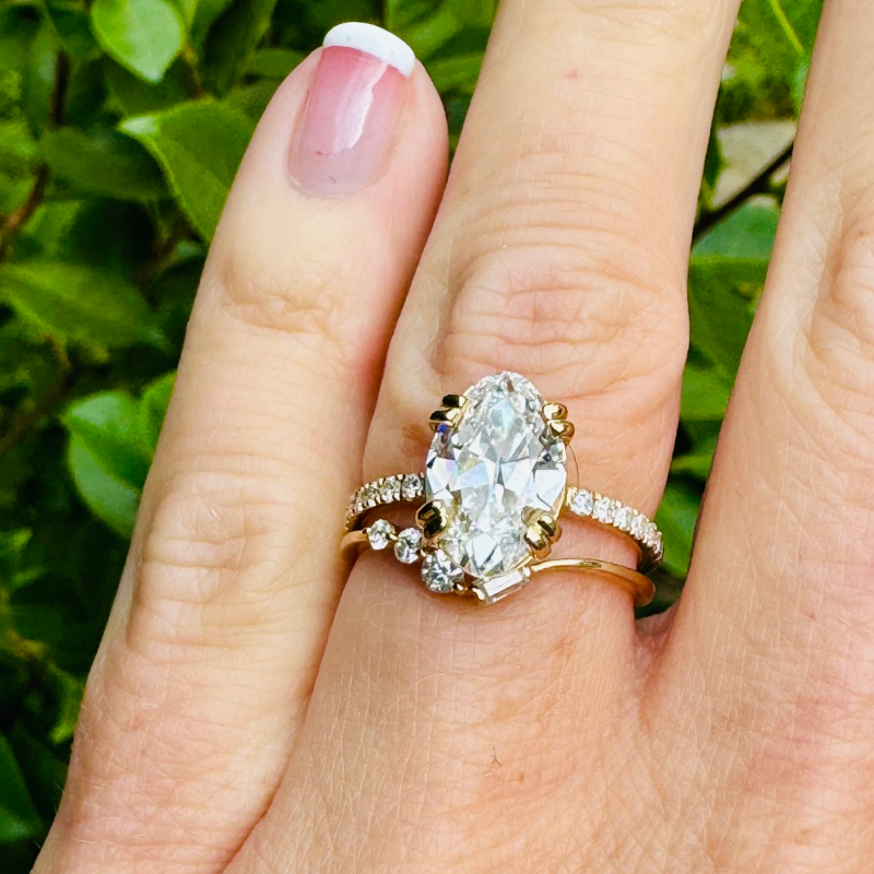 3.18ct Antique Cut Elongated Oval Pave Solitaire in Yellow Gold