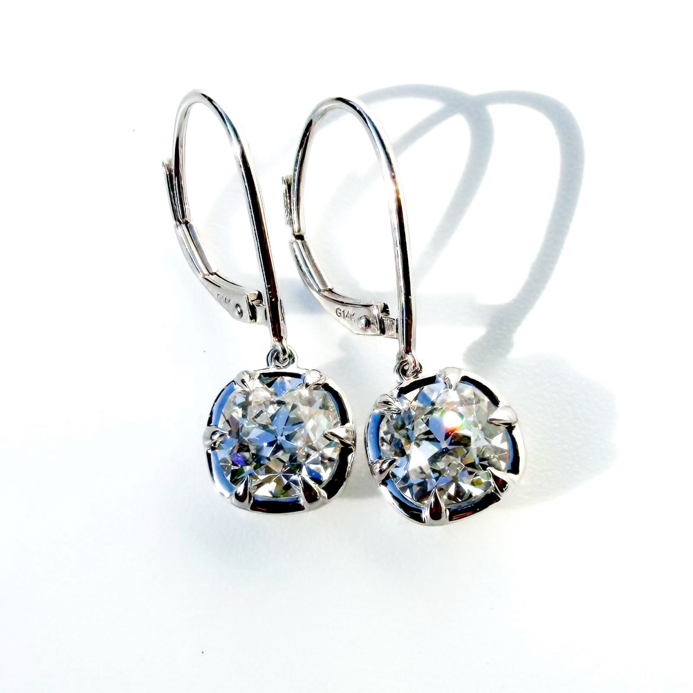 3ct E VVS1 Old Mine Cut Cushion Dangle Earrings in 14K White Gold