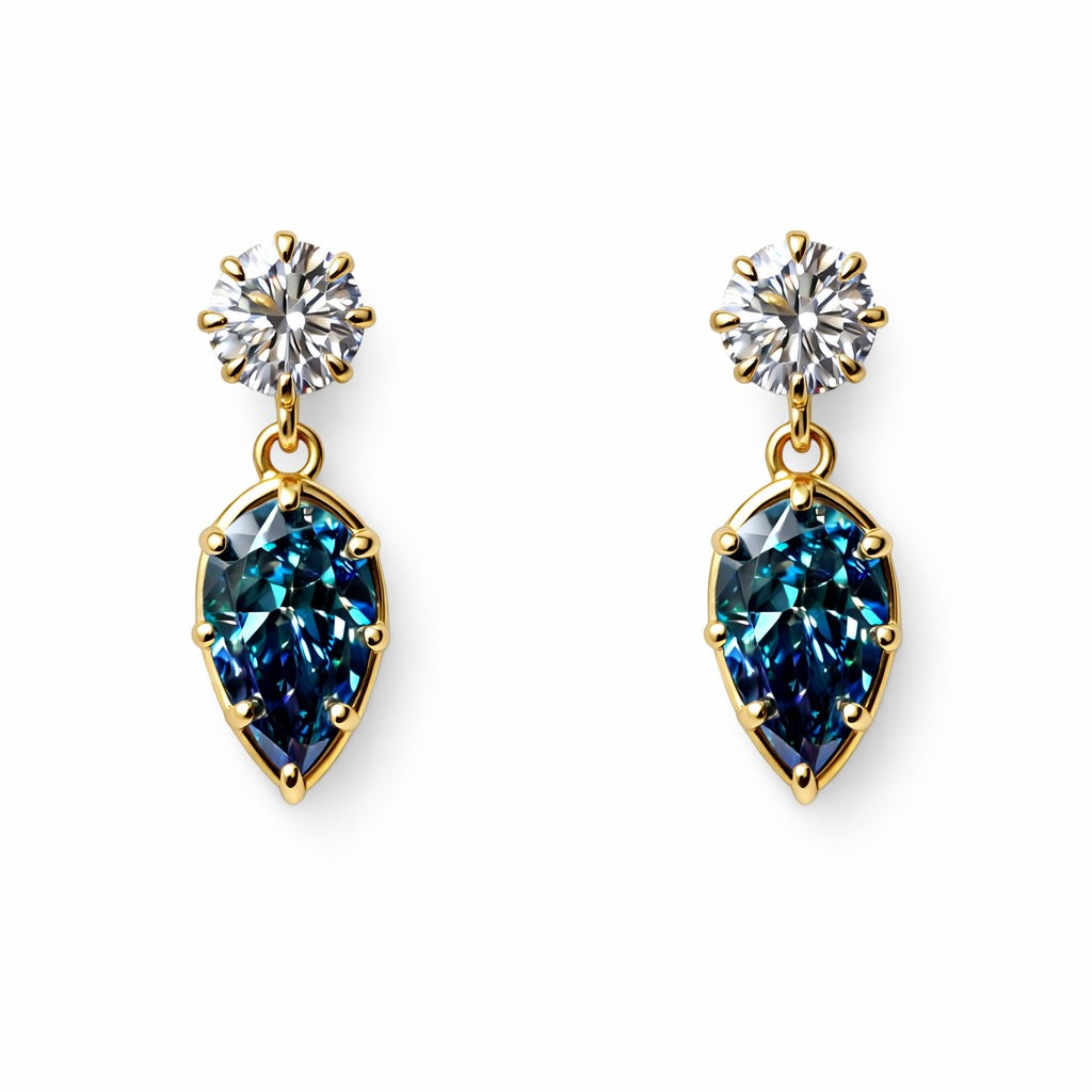 Blue Pear Dangle Earrings in 14K Yellow Gold