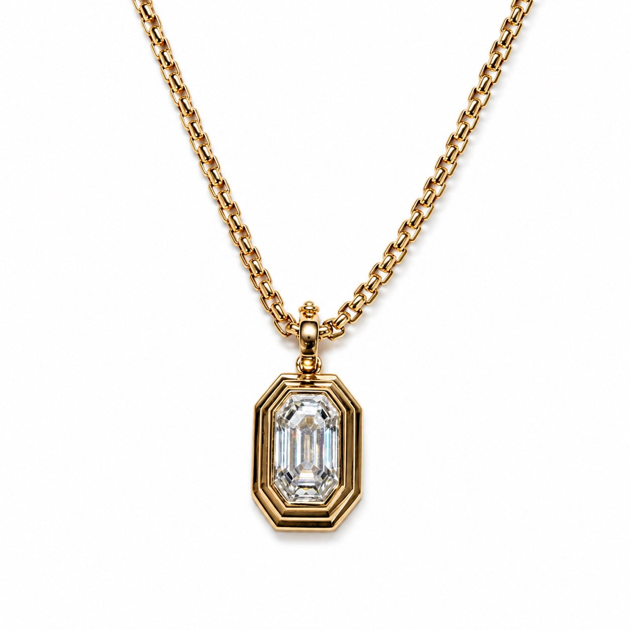 Elongated Emerald Cut Triple Bezel Pendant in Yellow Gold