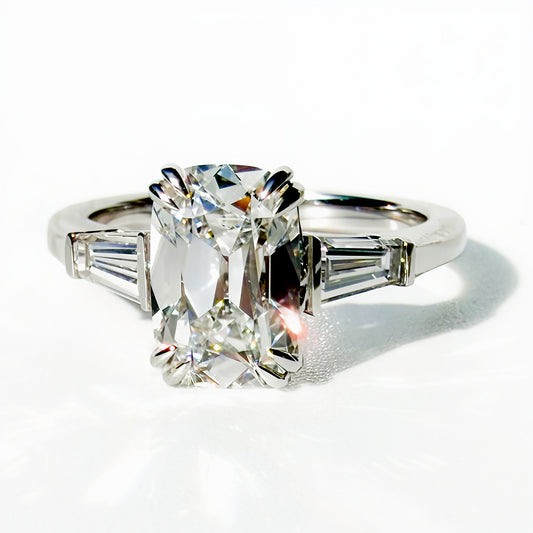 2.16ct Old Mine Cut Cushion with Tapered Baguettes in 14K White Gold