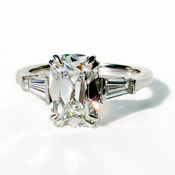 2.16ct Old Mine Cut Cushion with Tapered Baguettes in 14K White Gold