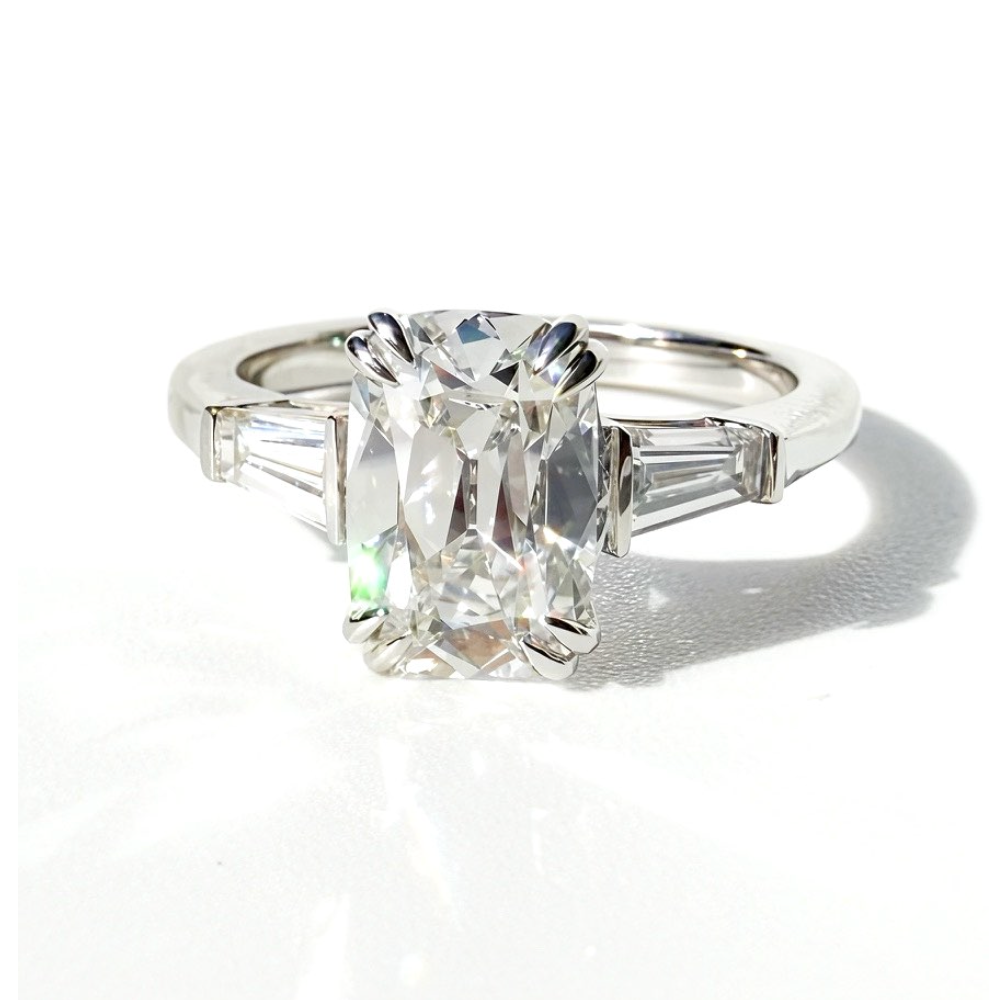 2.16ct Old Mine Cut Cushion with Tapered Baguettes in 14K White Gold