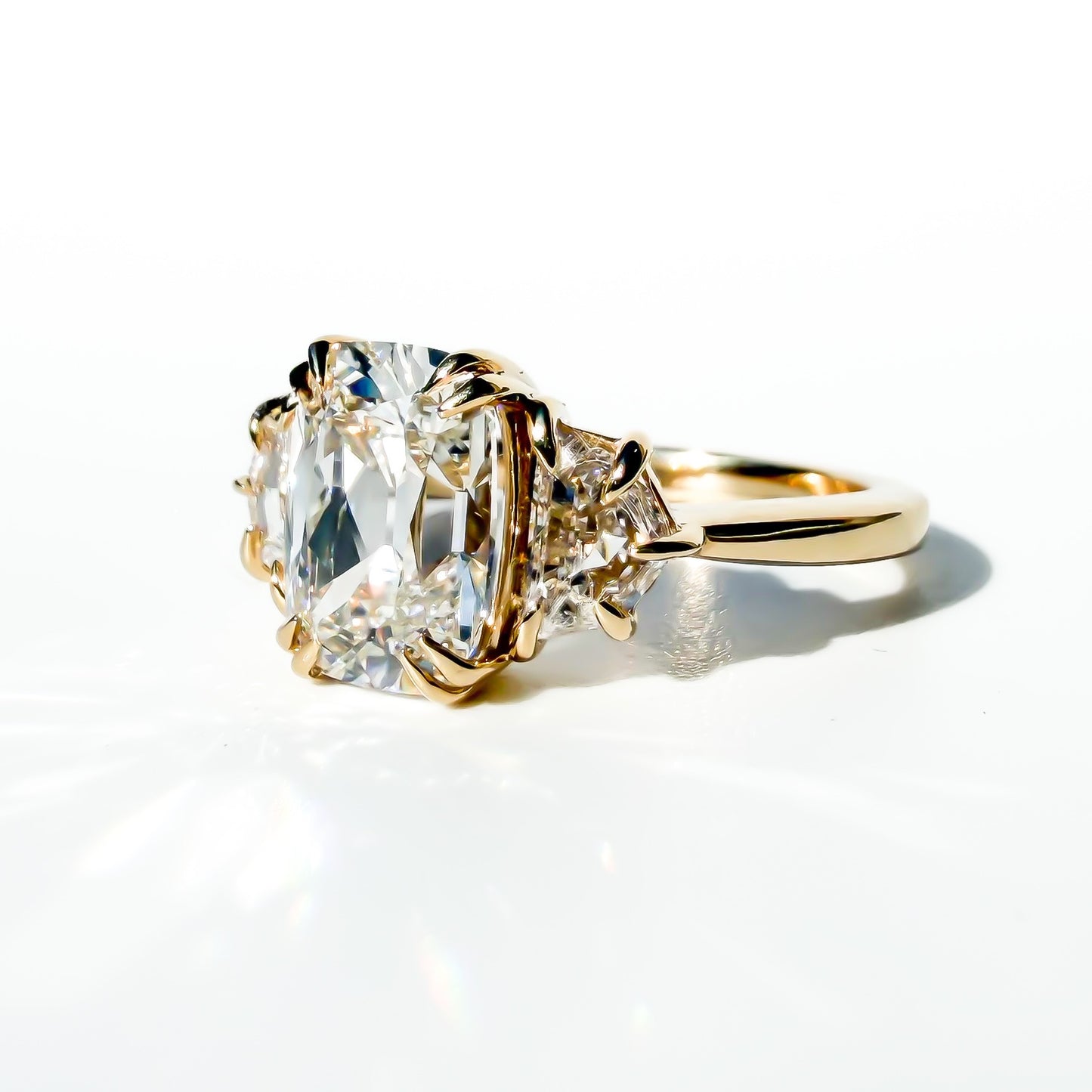 2.25ct Old Mine Cut Cushion Three Stone Ring in 14K Yellow Gold