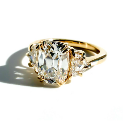 2.25ct Old Mine Cut Cushion Three Stone Ring in 14K Yellow Gold