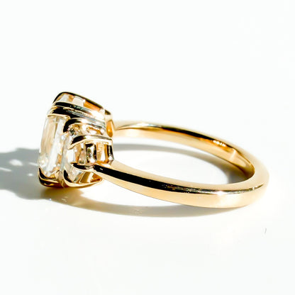2.25ct Old Mine Cut Cushion Three Stone Ring in 14K Yellow Gold