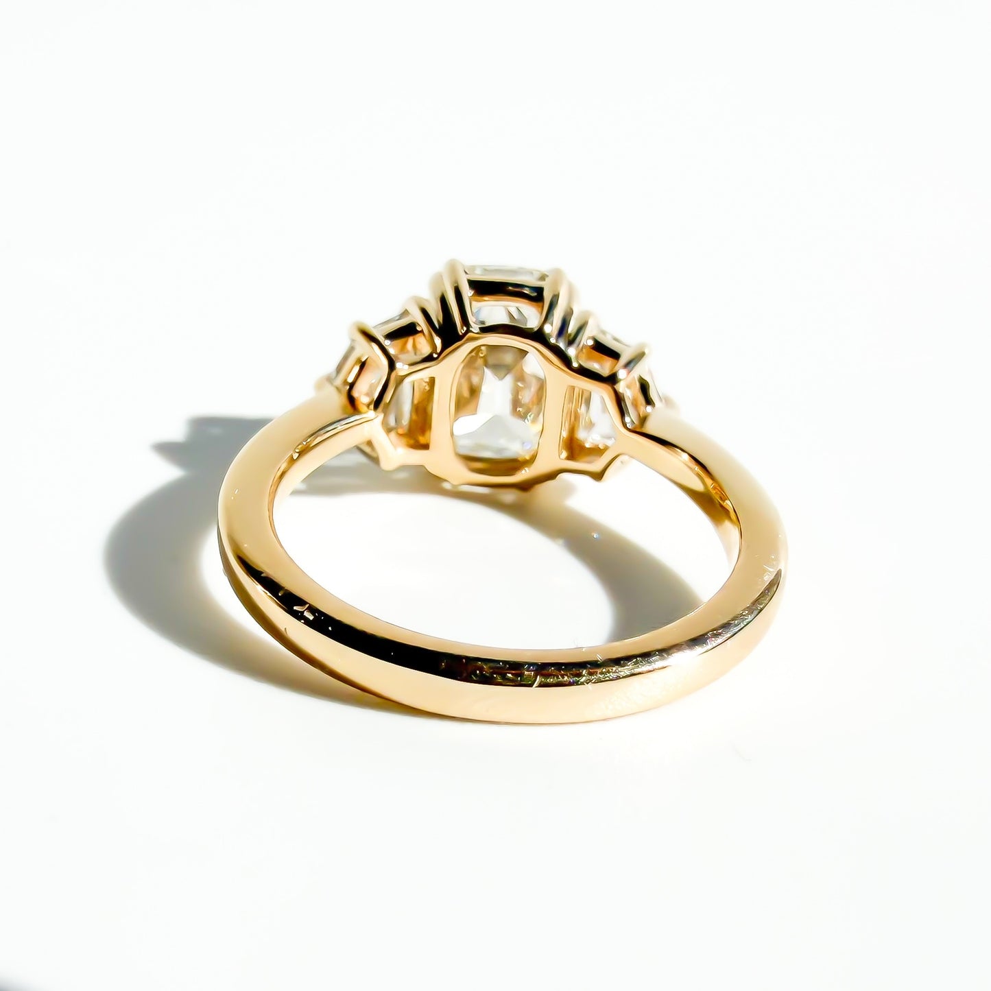 2.25ct Old Mine Cut Cushion Three Stone Ring in 14K Yellow Gold