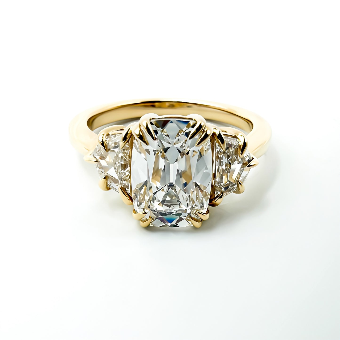 2.25ct Old Mine Cut Cushion Three Stone Ring in 14K Yellow Gold