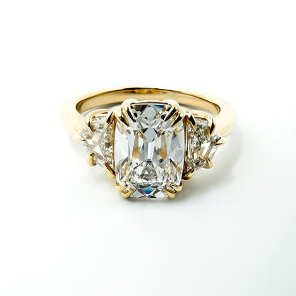 2.25ct Old Mine Cut Cushion Three Stone Ring in 14K Yellow Gold