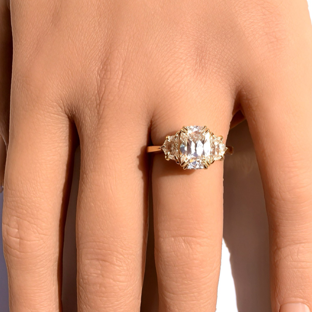 2.25ct Old Mine Cut Cushion Three Stone Ring in 14K Yellow Gold