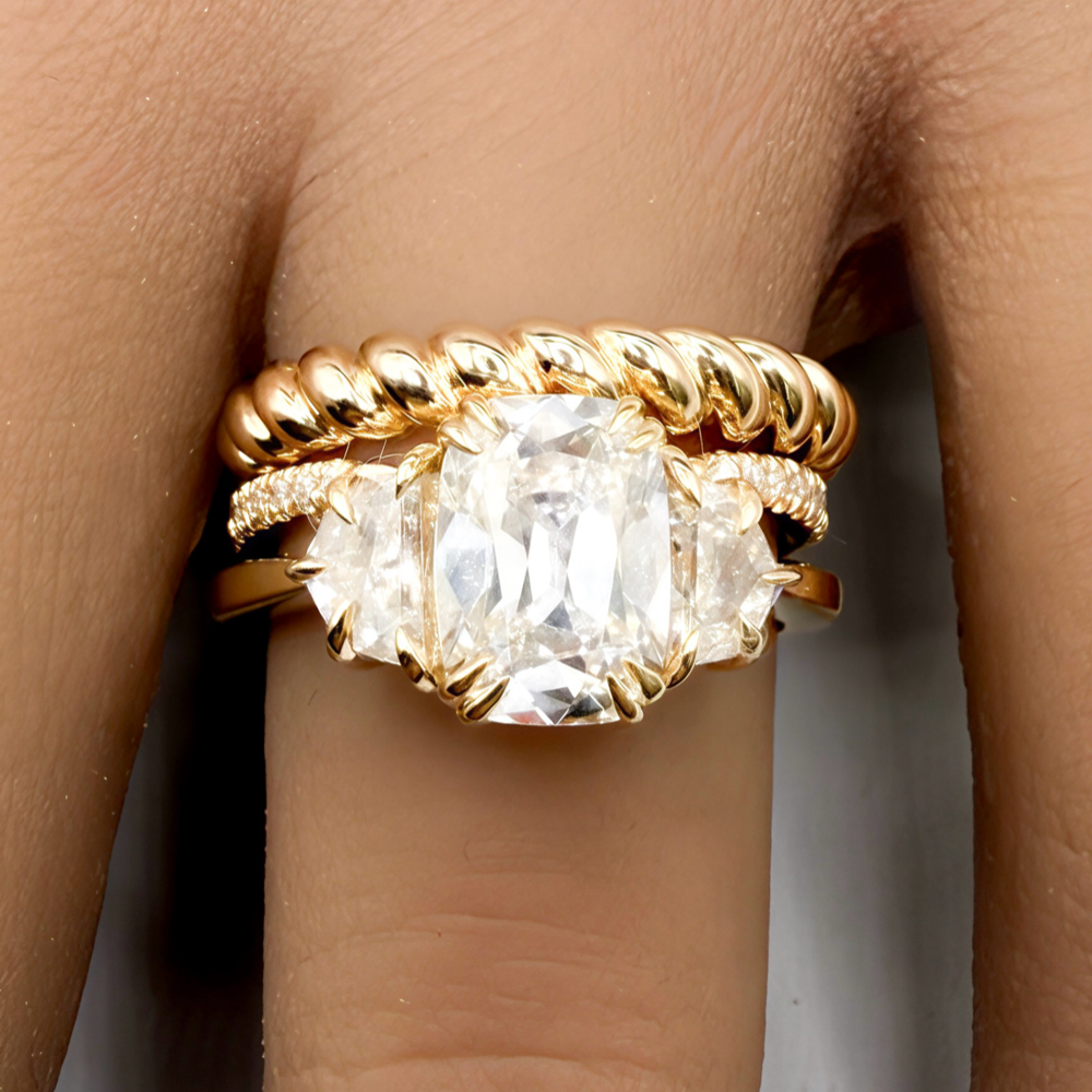 2.25ct Old Mine Cut Cushion Three Stone Ring in 14K Yellow Gold