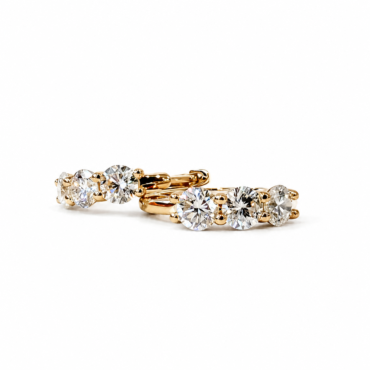 3 Stone Huggie Earrings, 2.2ctw in 14K Yellow Gold