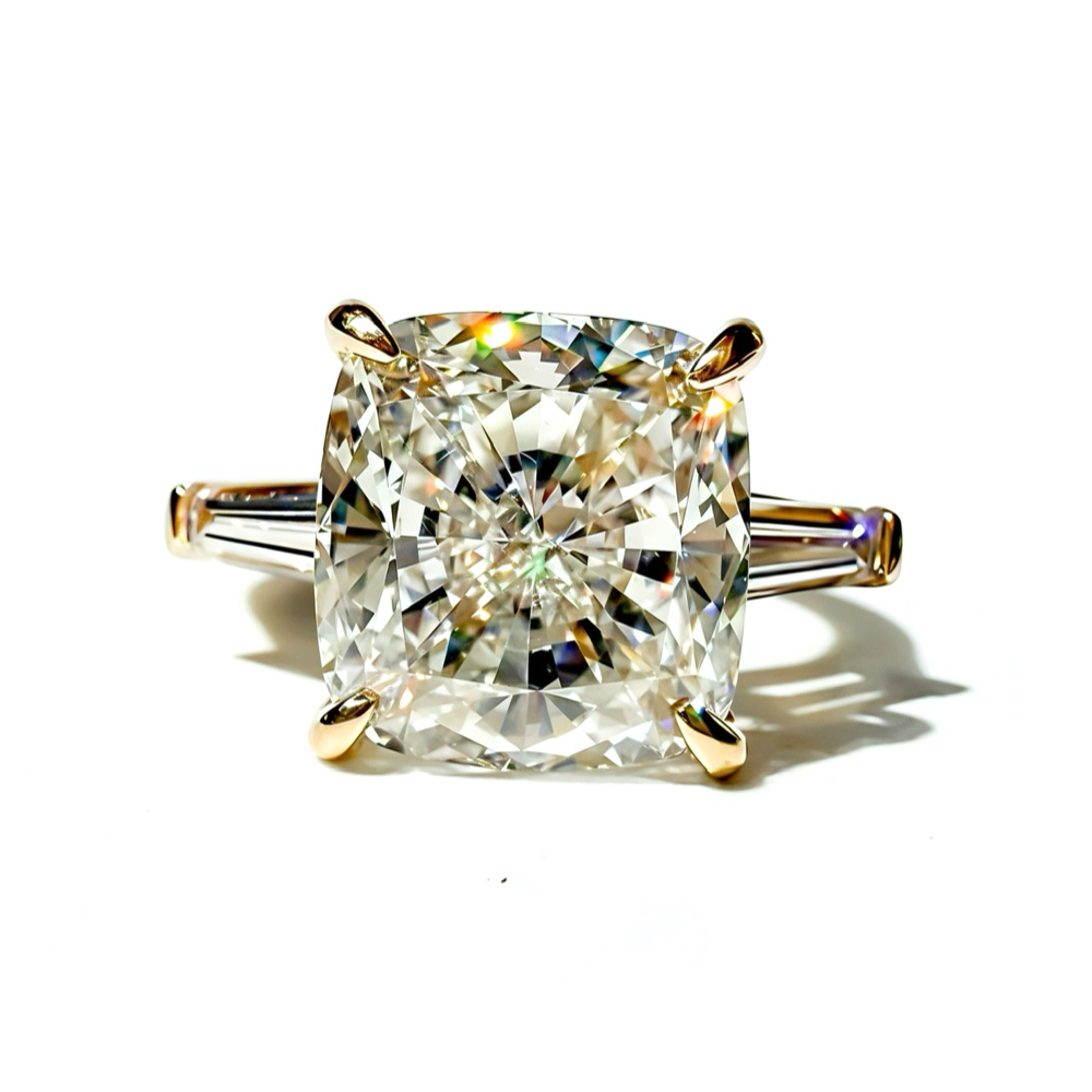 8.22ctw E VS1 Square Cushion Ring with Tapered Baguettes in 14K Yellow Gold