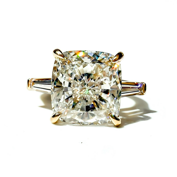 8.22ctw E VS1 Square Cushion Ring with Tapered Baguettes in 14K Yellow Gold