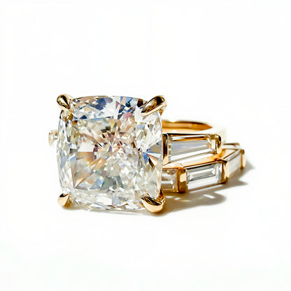 8.22ctw E VS1 Square Cushion Ring with Tapered Baguettes in 14K Yellow Gold