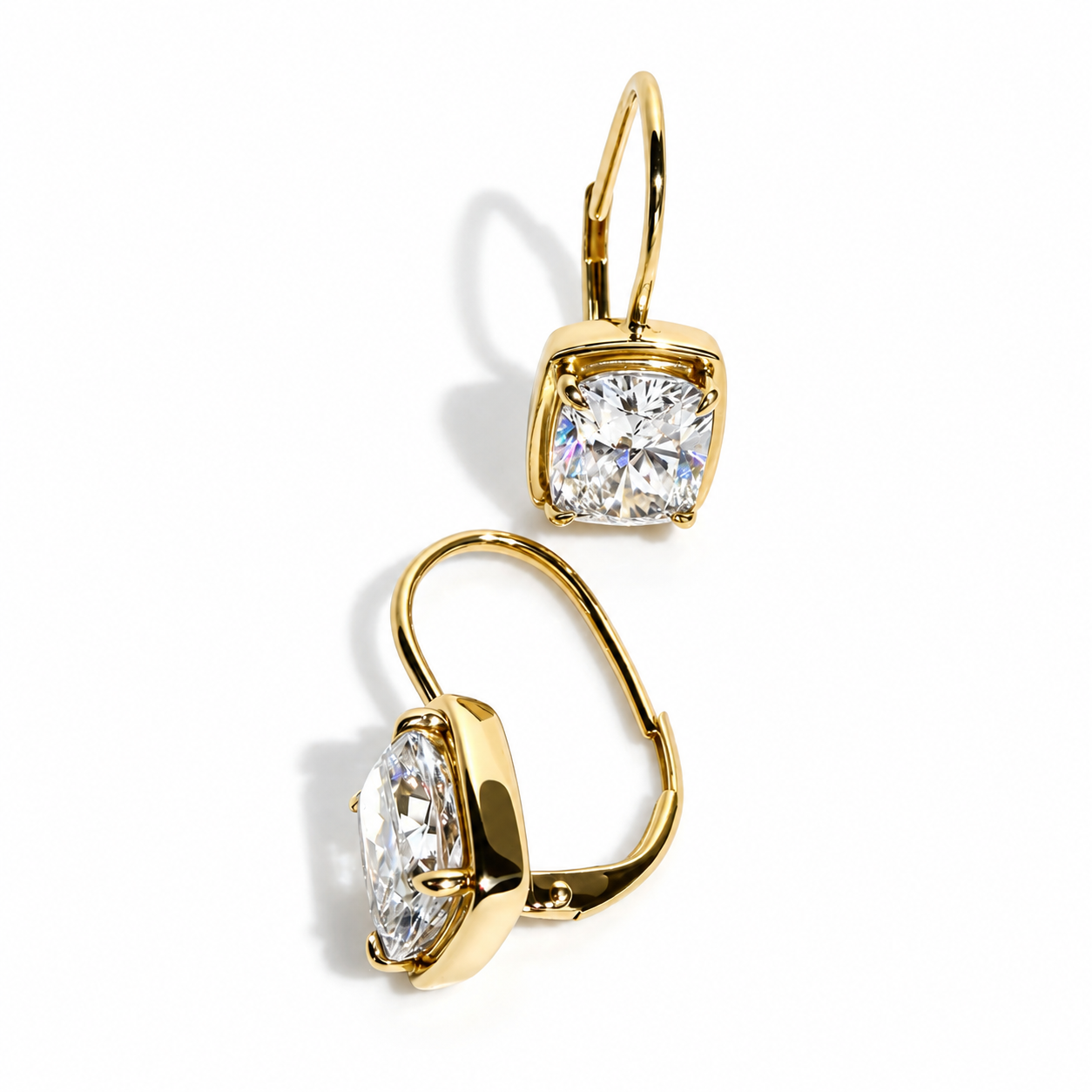 Pillow Drops, 4.28ctw Cushion Cut Dangle Earrings in 14K Yellow Gold