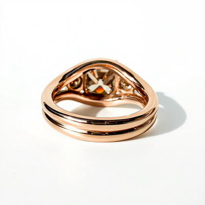 3.08ct Champagne Antique Cut Cushion Three Stone Ring in 14K Rose Gold