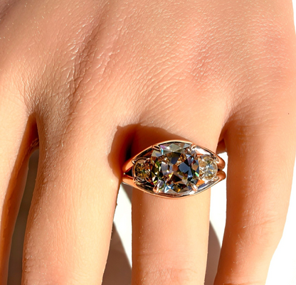 3.08ct Champagne Antique Cut Cushion Three Stone Ring in 14K Rose Gold