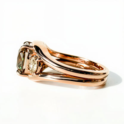 3.08ct Champagne Antique Cut Cushion Three Stone Ring in 14K Rose Gold