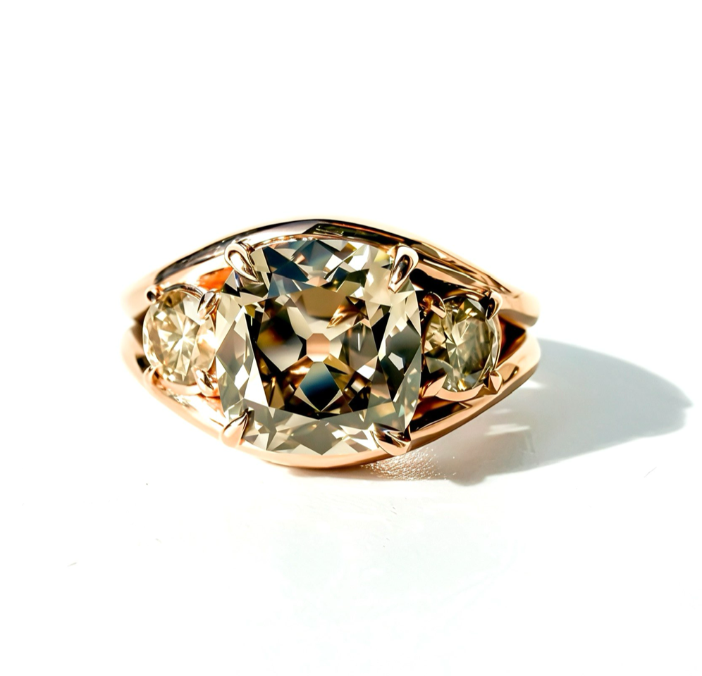 3.08ct Champagne Antique Cut Cushion Three Stone Ring in 14K Rose Gold