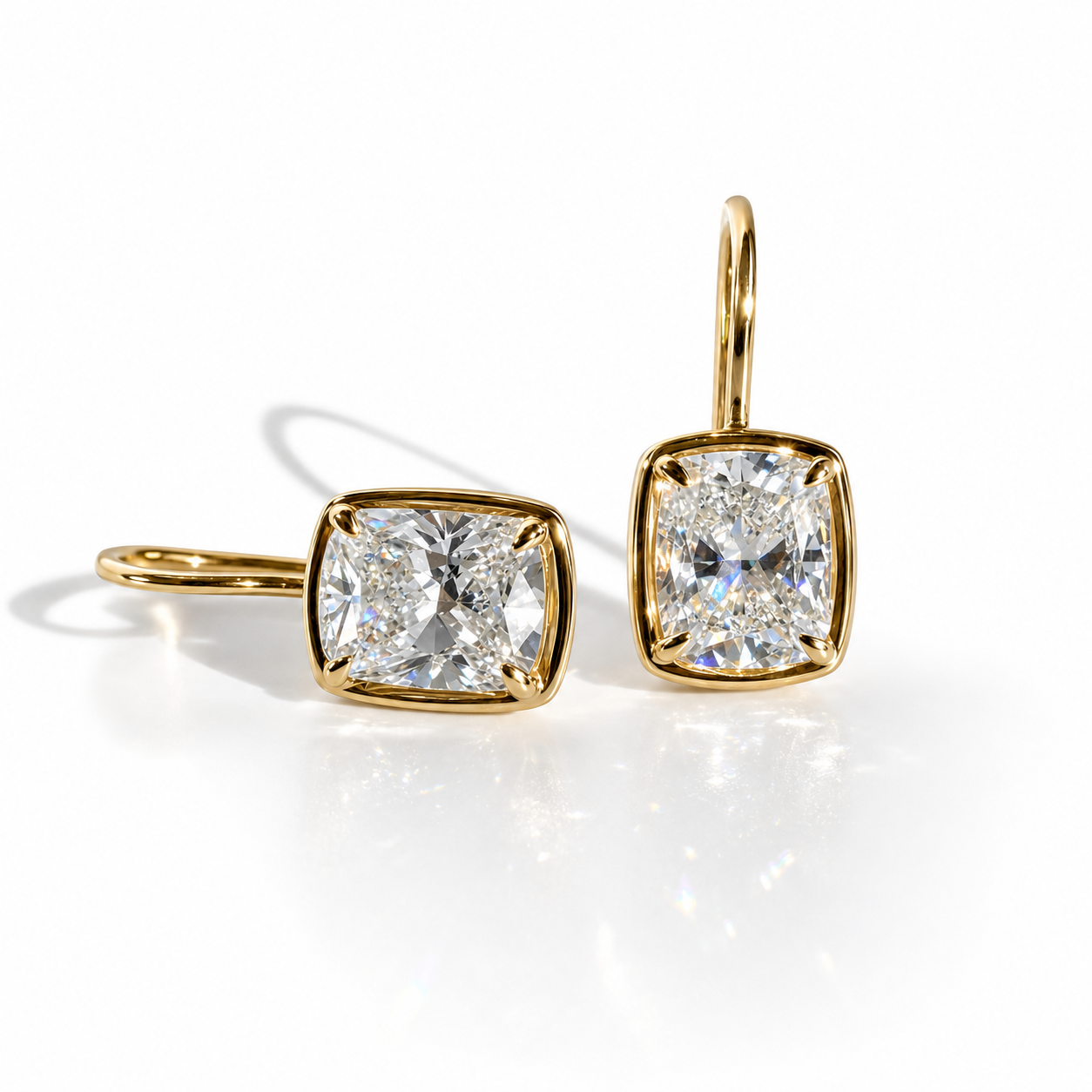 Pillow Drops, 4.28ctw Cushion Cut Dangle Earrings in 14K Yellow Gold
