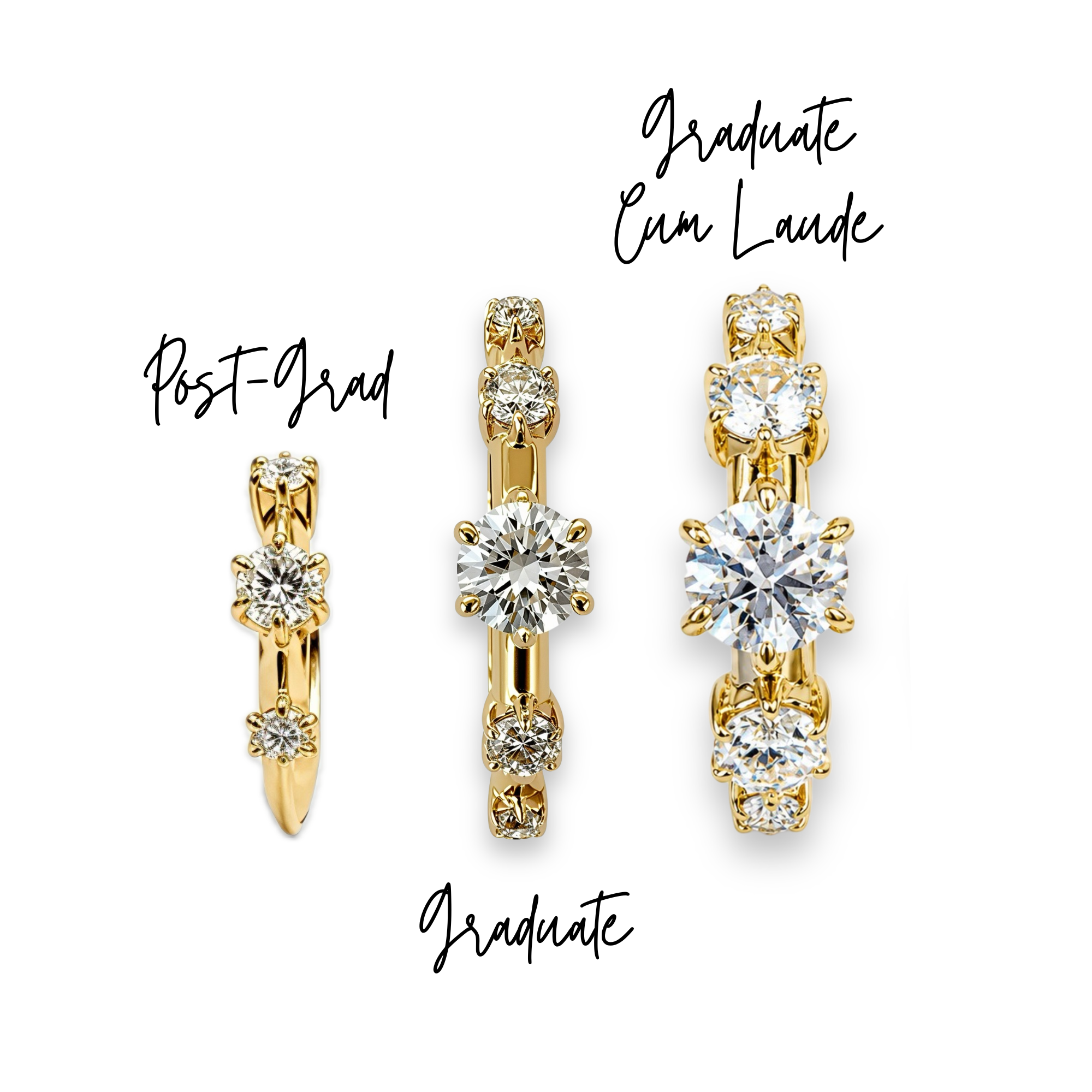 Three pairs of gold graduation earrings displayed on a white background, labeled Post-Grad, Graduate Cum Laude, and Graduate. The earrings feature clear round-cut diamonds in yellow gold settings.
