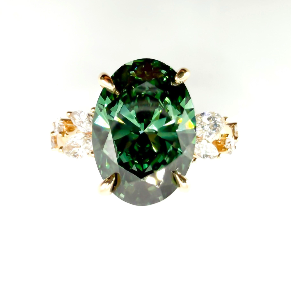 4ct Fancy Vivid Green Oval Nature Inspired Ring in 14K Yellow Gold