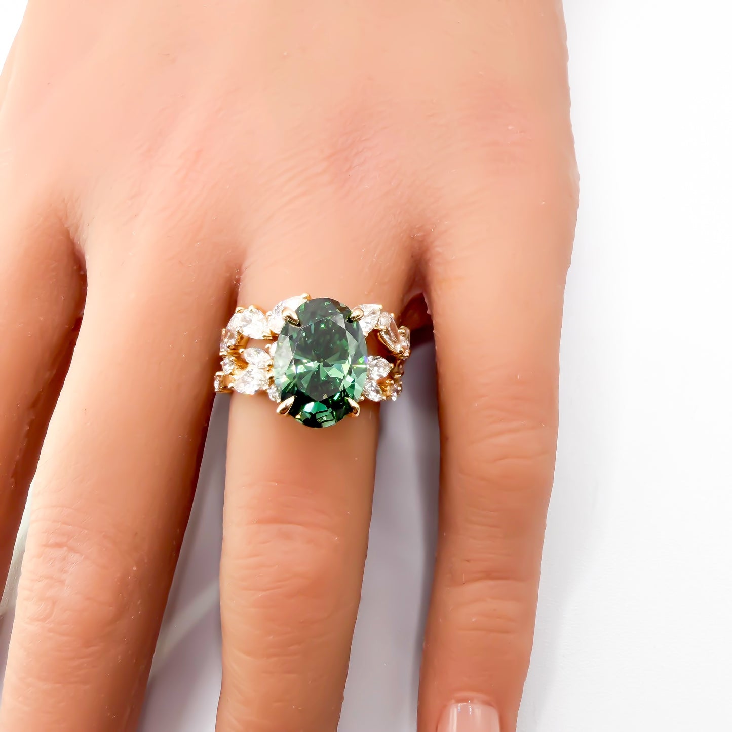 4ct Fancy Vivid Green Oval Nature Inspired Ring in 14K Yellow Gold