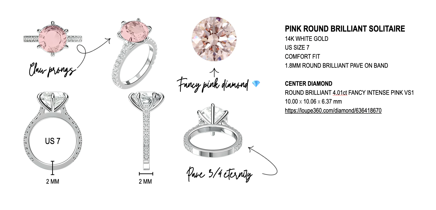 The Pink Lady Round Brilliant Pave Solitaire in 14K White Gold