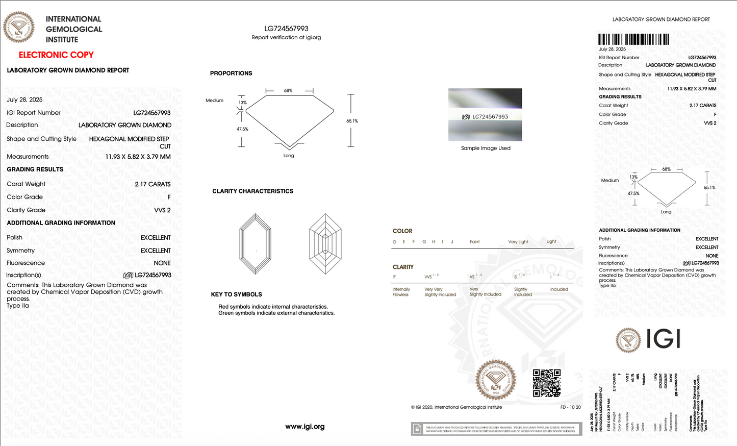 2.17ct F VVS2 IGI Certified Elongated Step Cut Hexagon Lab Diamond