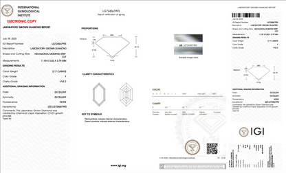 2.17ct F VVS2 IGI Certified Elongated Step Cut Hexagon Lab Diamond