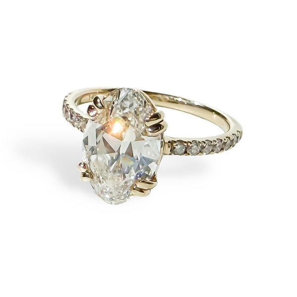 3.18ct Antique Cut Elongated Oval Pave Solitaire in Yellow Gold