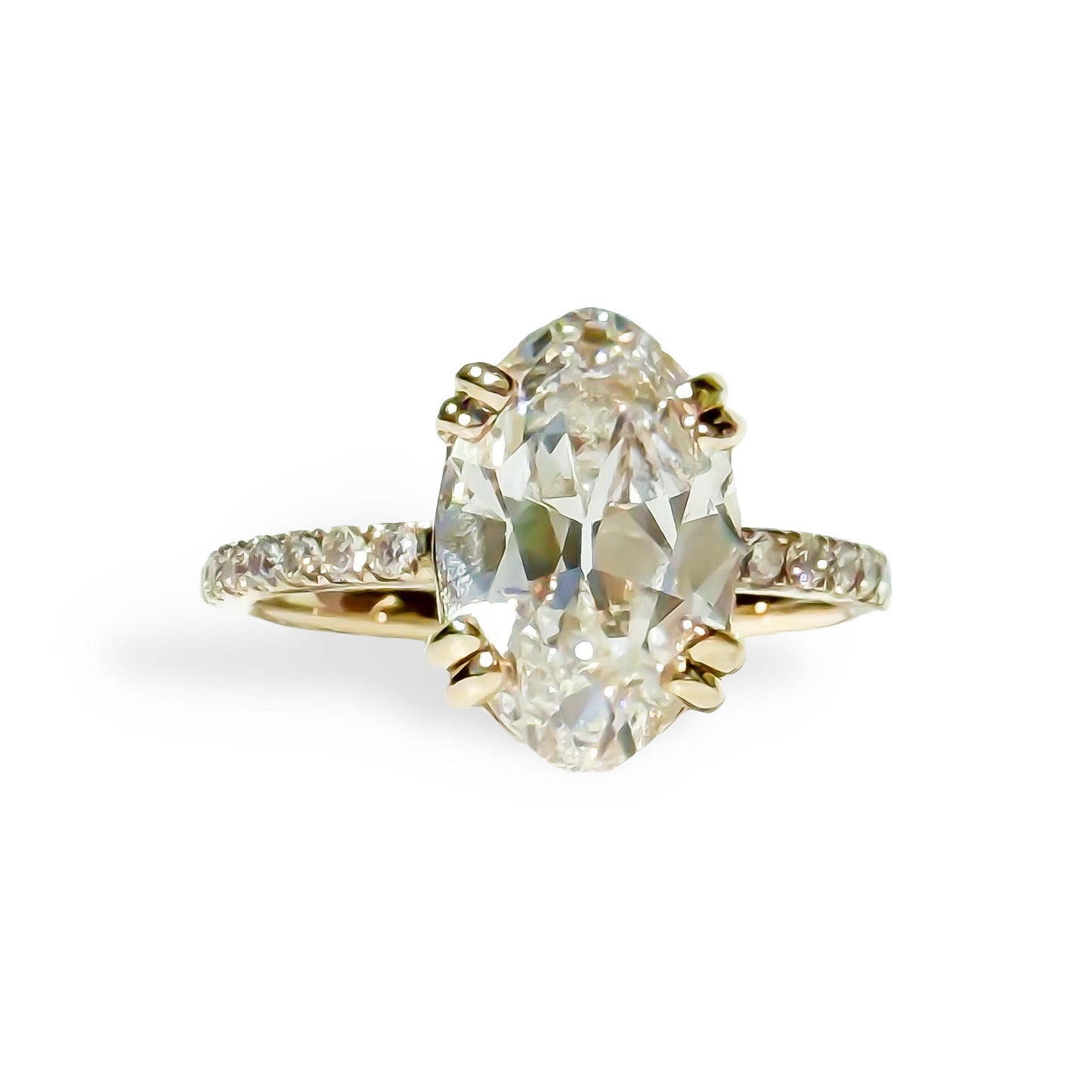 3.18ct Antique Cut Elongated Oval Pave Solitaire in Yellow Gold