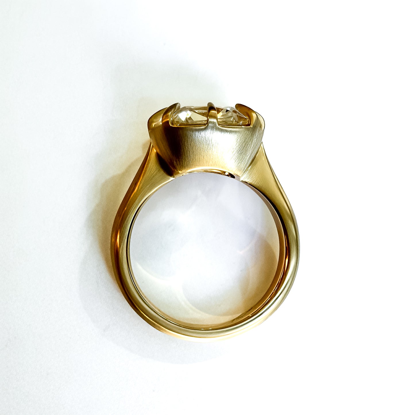 OId mine cut cushion in chunky collet setting, 14K yellow gold