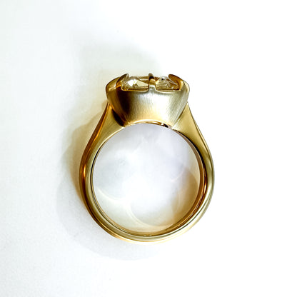 OId mine cut cushion in chunky collet setting, 14K yellow gold