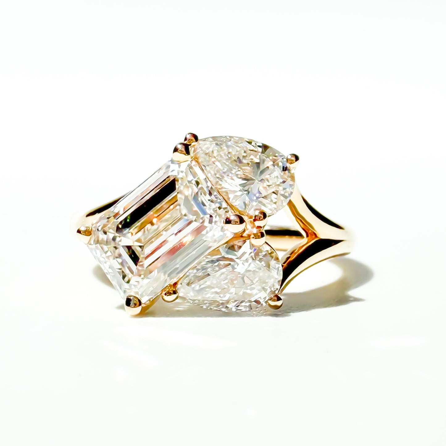 3ct Emerald and Pear Three Stone Ring in 14K Yellow Gold