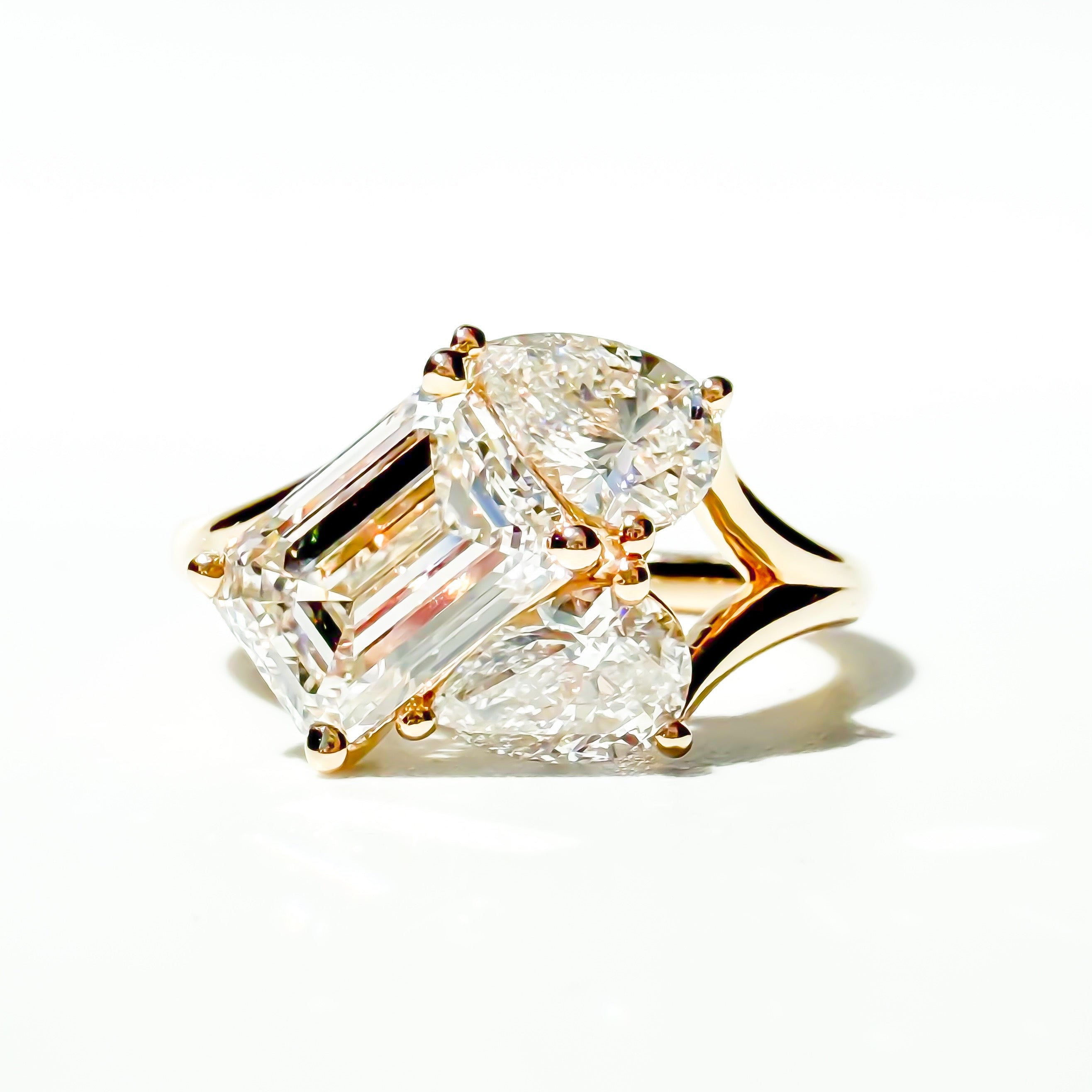 3ct Emerald and Pear Three Stone Ring in 14K Yellow Gold