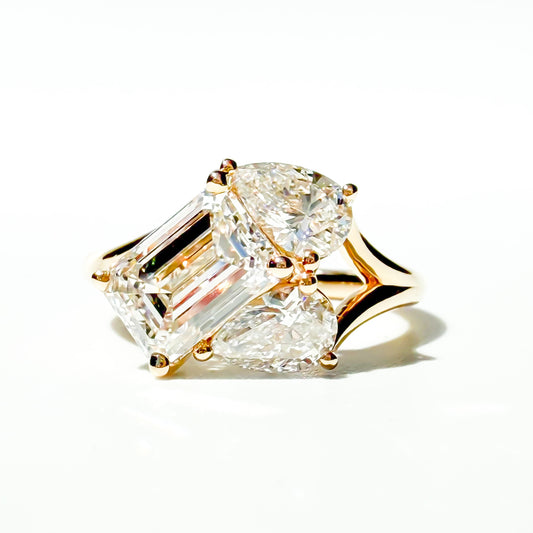 3ct Emerald and Pear Three Stone Ring in 14K Yellow Gold