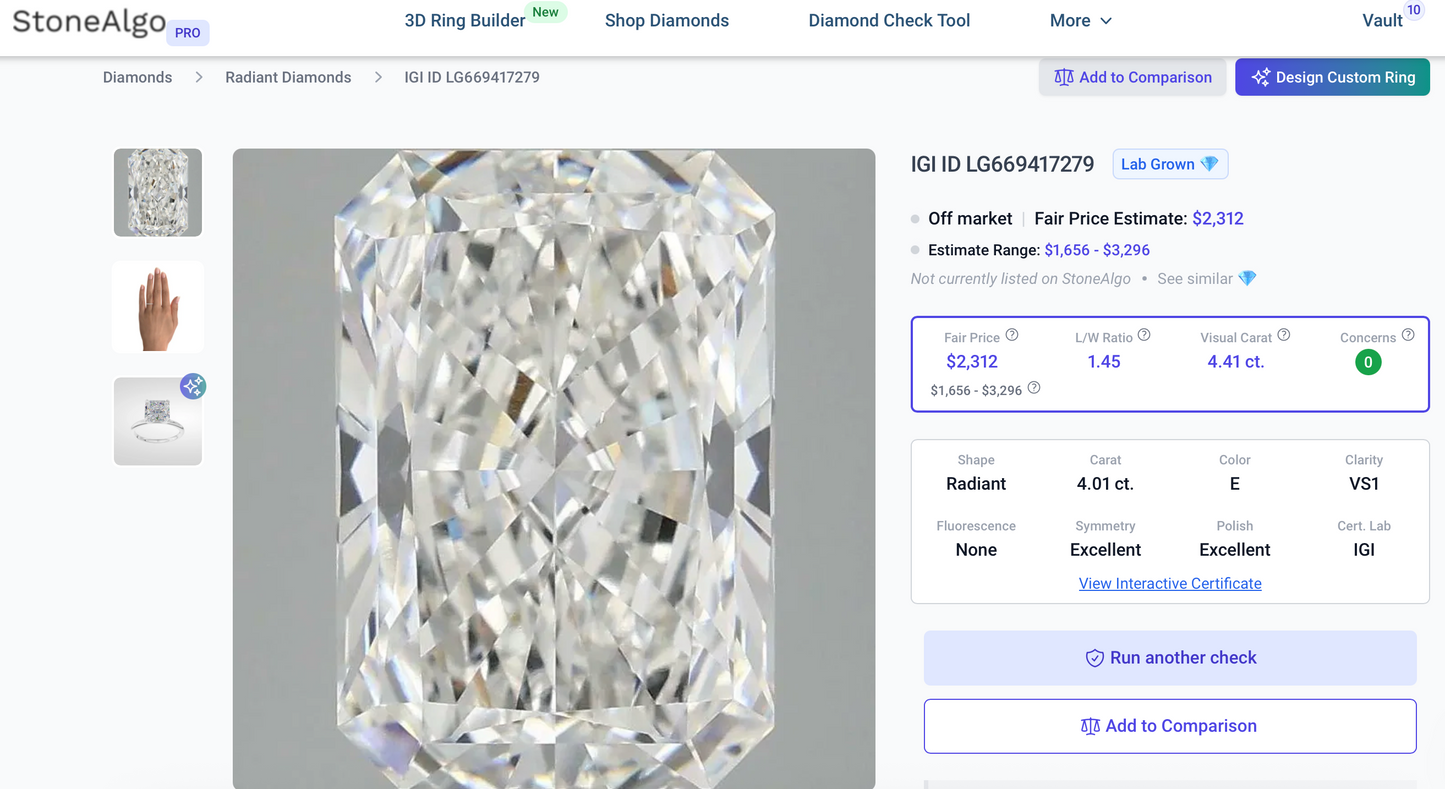 4.01ct E VS1 IGI Certified Radiant Cut Lab Diamond