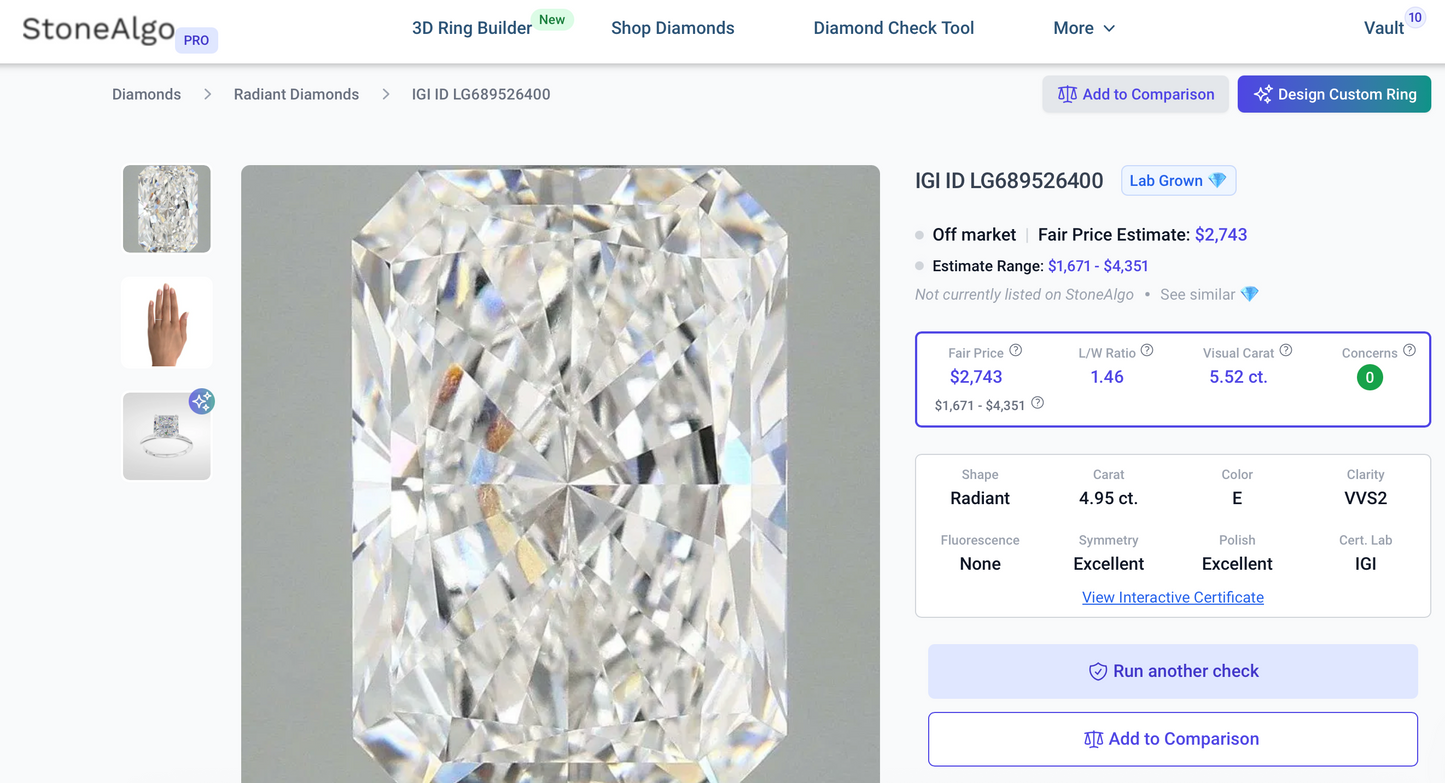 4.95ct E VVS2 IGI Certified Radiant Cut Lab Diamond