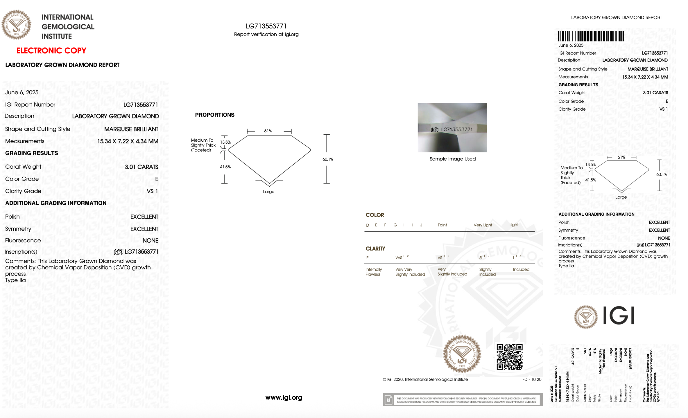 3.01ct E VS1 IGI Certified Old Mine Cut Marquise Lab Diamond