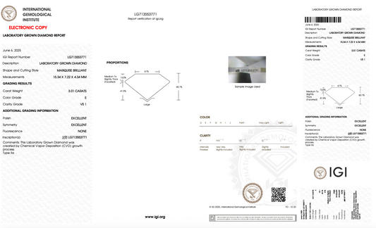 3.01ct E VS1 IGI Certified Old Mine Cut Marquise Lab Diamond