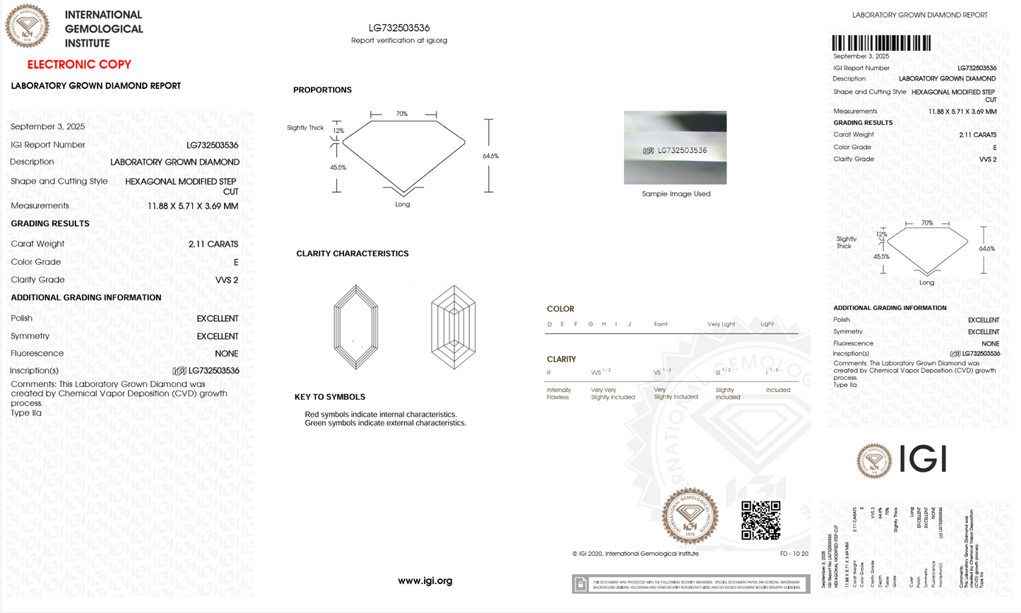 2.11ct E VVS2 IGI Certified Elongated Step Cut Hexagon Lab Diamond
